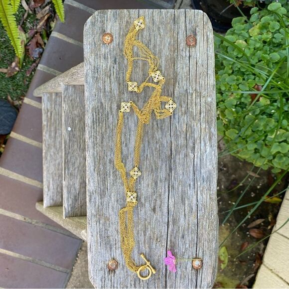 FAS Gold Tone Long Multi Chain Necklace w/Clear Charms . EUC! - Picture 5 of 5